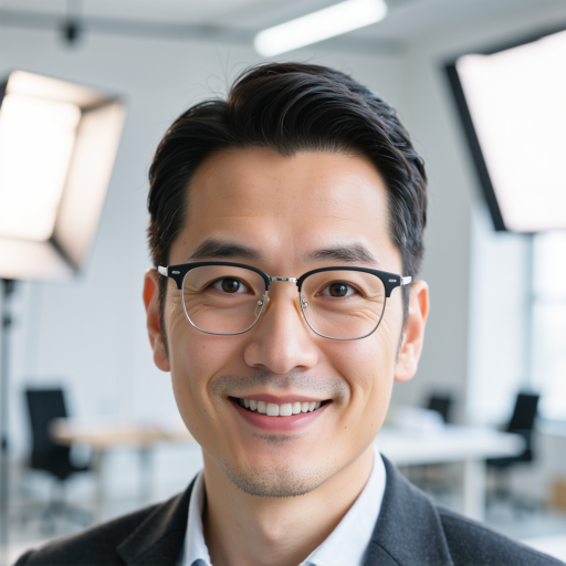 四十岁左右男性顾客头像,戴眼镜,面带微笑,穿着商务休闲服装