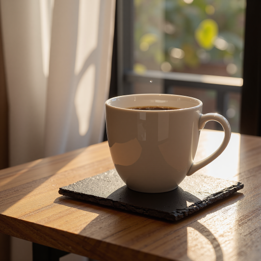 精美咖啡杯装满香浓咖啡，杯子表面有细腻拉花图案，背景是温暖木质桌面，光线柔和自然